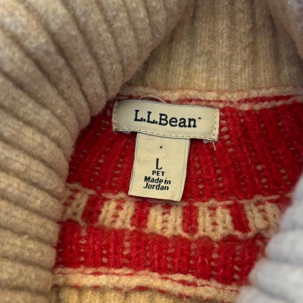 LL‎ Bean Womens Large Petite Fair Isle Turtleneck Sweater Waffle Knit Red Cream - Picture 2 of 13
